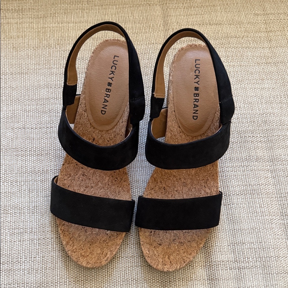 Lucky Brand Jobina Heel Sandal leather upper cork midsole stacked block heel EUC - Picture 5 of 16